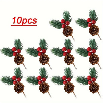 10pcs Artificial Pine Cones & Red Berries – Christmas Tree Toppers & Holiday Decor Set