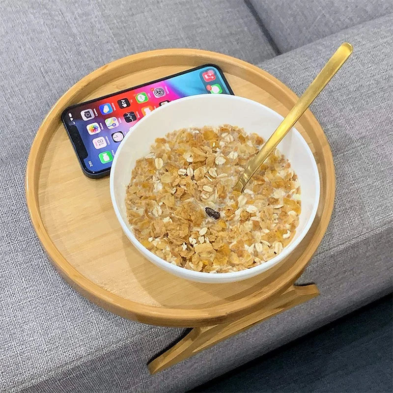 Natural Bamboo Sofa Armrest Clip-On Tray - Practical TV Snack Tray for Coffee, Remote Control, and Snacks