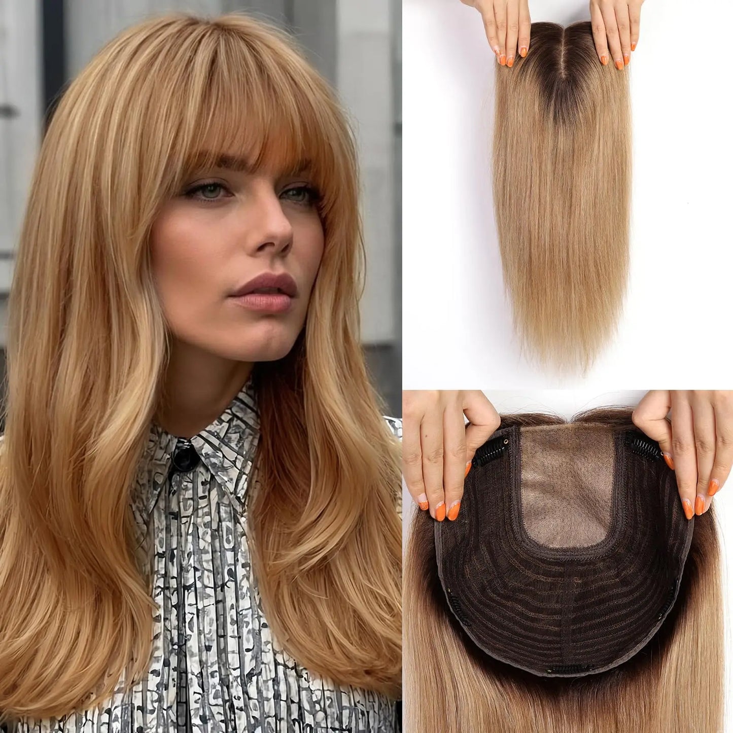 Brown Blonde Highlight Remy Human Hair Toppers – 16 Inch Straight Clip-In Silk Base Hairpiece for Women, Topper Hair Extensions