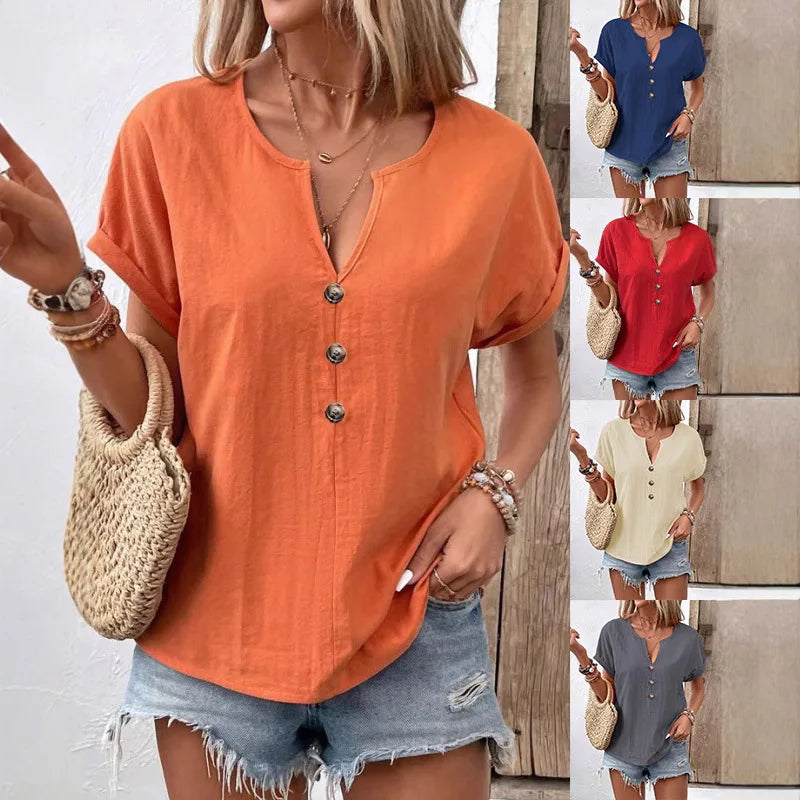 Women’s 2025 V-Neck Button Short Sleeve Blouse – Solid Color Loose Fit Casual Summer Daily Wear Top