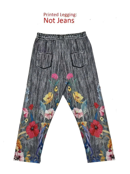 Women's Floral Print Capri Leggings - High-Stretch Faux Denim Slim-Fit Cropped Pants
