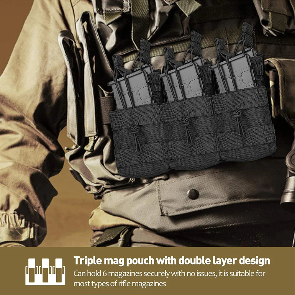 Tactical Molle Triple Magazine Pouch - Double-Layer Cartridge Holder for M4, M14, M16, AK, AR, Universal Mag Pouches