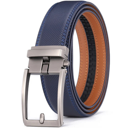 Men’s Luxury Leather Click Belt – Automatic Buckle Designer Waist Strap for Jeans (Blue, 3.5cm)