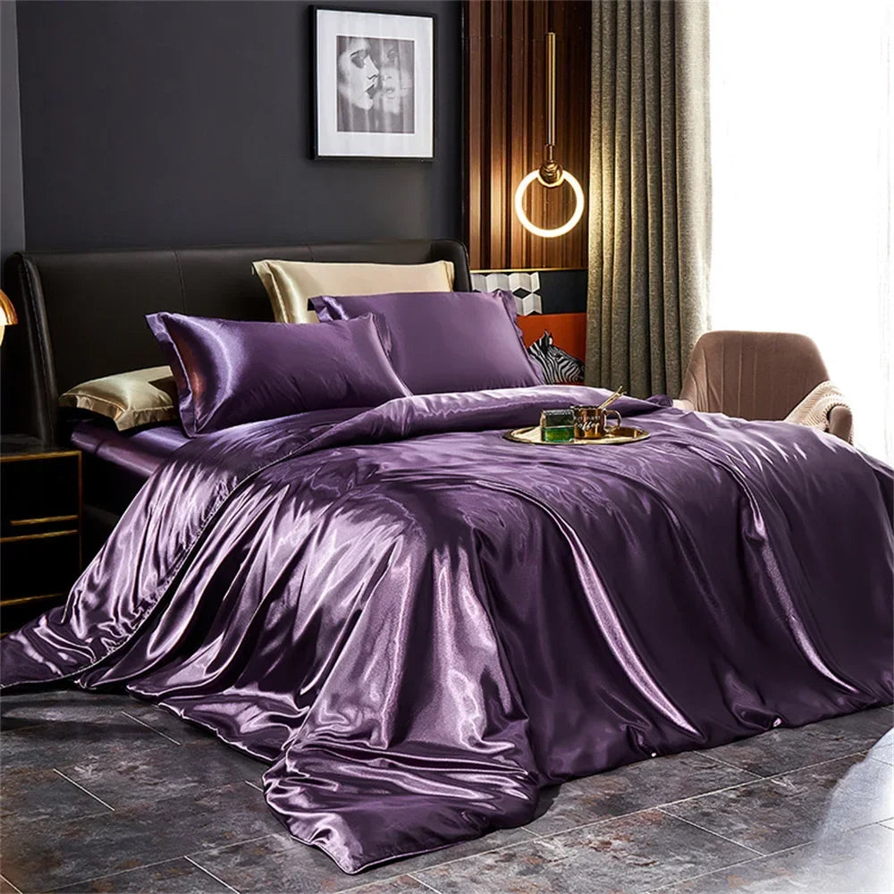 Luxury Silk Bedding Set - Satin Duvet Cover Bed Sheet & Pillowcase Set for Single Double King Queen Twin Beds