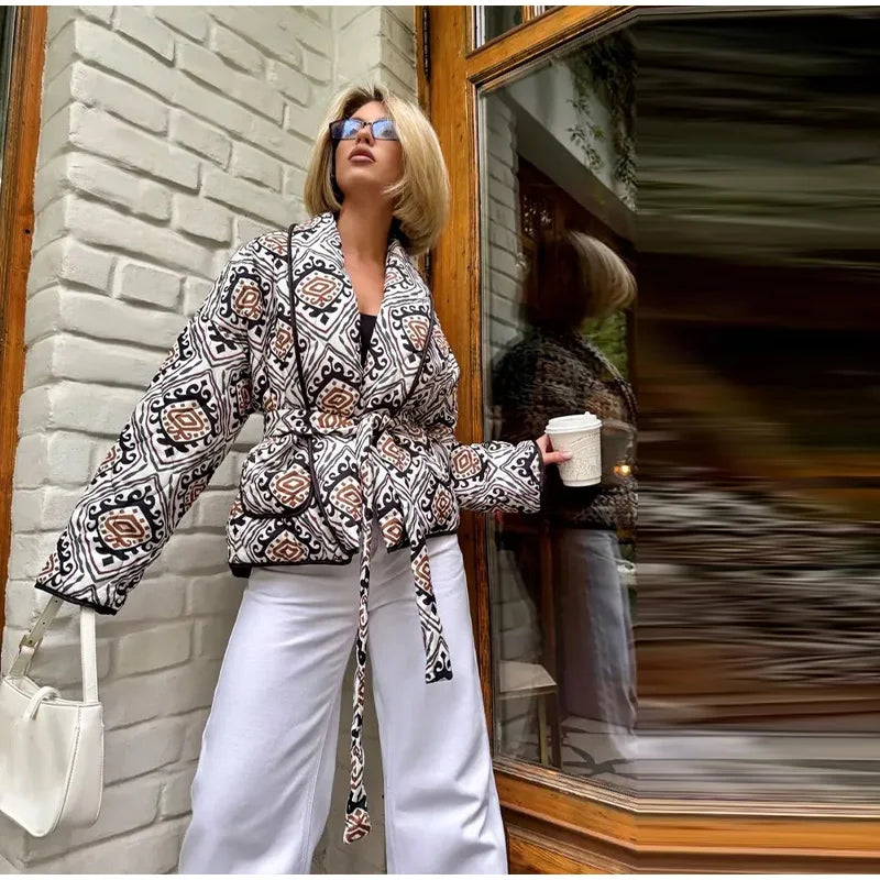2025 Women’s Printed Quilted Padded Jacket – Collared Cotton Coat with Contrast Piped Pockets, Casual Autumn Outerwear