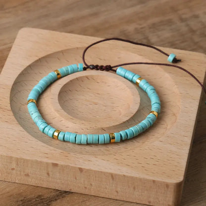 Natural Blue Emperor Stone Beaded Bracelet – Polished Block Beads, Adjustable Woven Rope Women’s Gift Jewelry