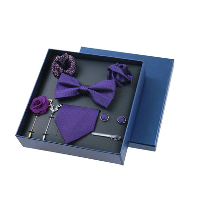 Men’s Luxury Silk Tie Set - 8cm Wedding Necktie with Bowtie, Pocket Square, Cufflinks & Floral Gift Box Accessories