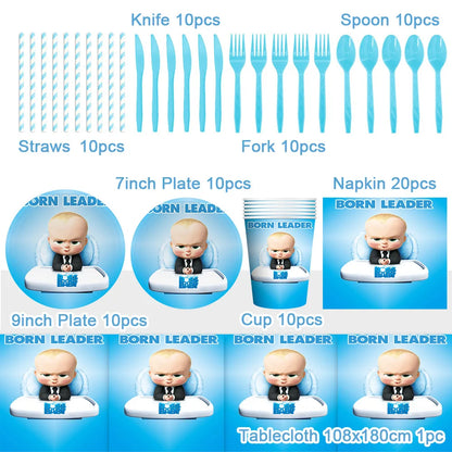 Cartoon Boss Baby Birthday Party Set - Disposable Tableware, Backdrop & Balloons for Kids Baby Shower Decor