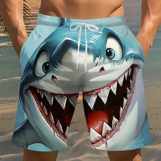3D Shark Print Swim Shorts - Quick-Dry Drawstring Beach Trunks