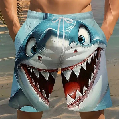 3D Shark Print Swim Shorts - Quick-Dry Drawstring Beach Trunks