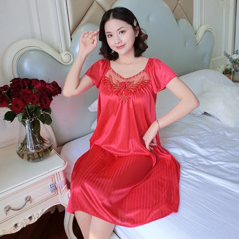 Midnite Star Women’s Ice Silk Sleepwear Set – V-Neck Lace Nightdress Pyjamas, Homewear Nightgown, Plus Size