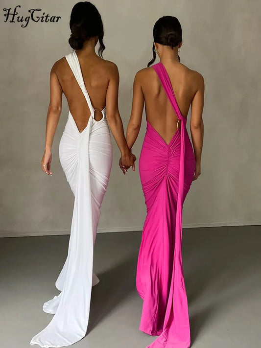 Hugcitar One Shoulder Backless Maxi Dress for Women – Adjustable Scarf Ruched Sexy Elegant Y2K Festival & Streetwear Party Outfit