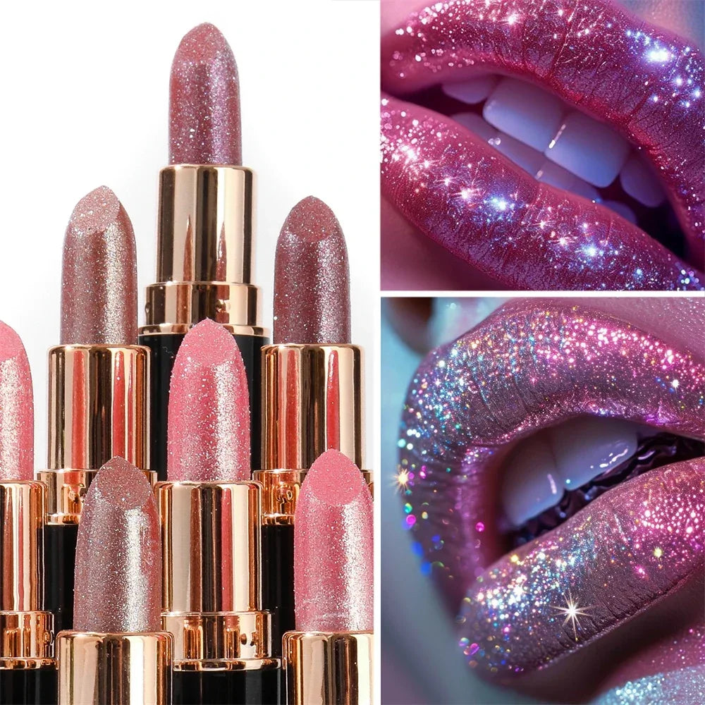 6 Colors Glitter Metallic Lipstick – Waterproof, Long-Lasting Diamond Pearlescent Lip Gloss for Moisturizing Sexy Lips