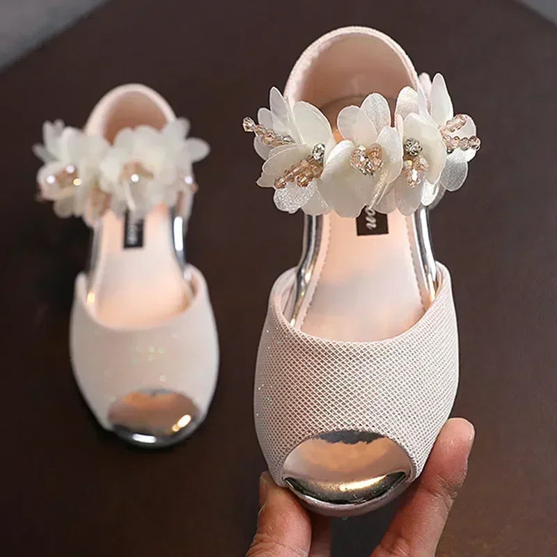 Girls Rhinestone Flower Sandals - Soft Sole Princess Dance Shoes for Kids