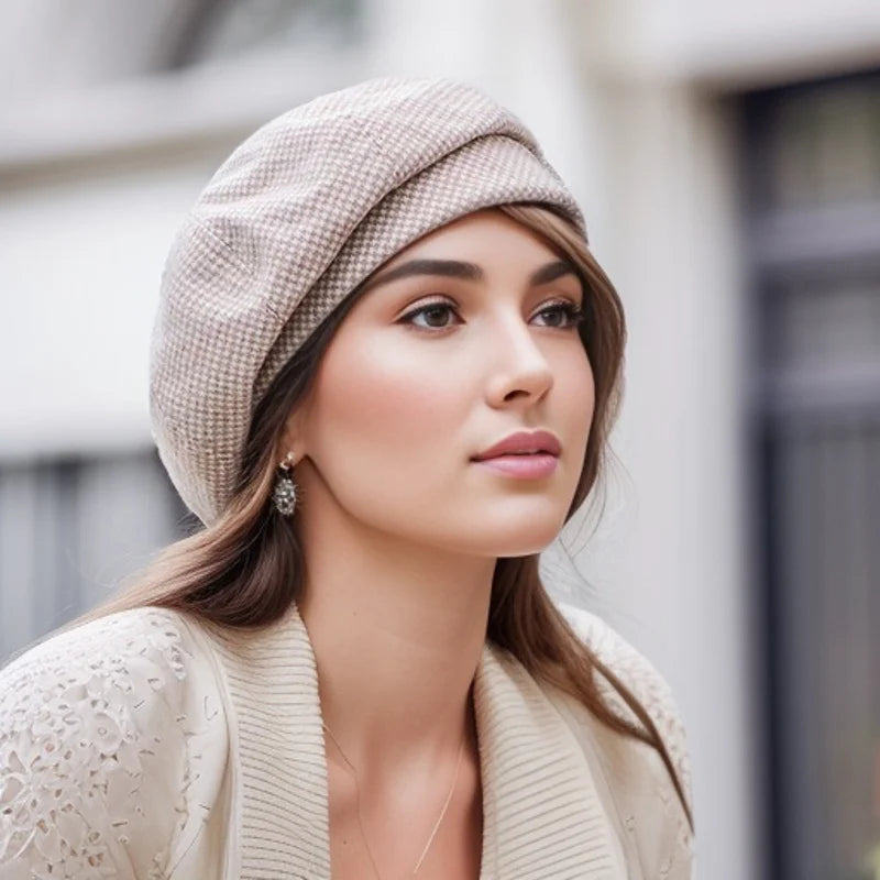 Women's Wool Beret Hat - Elegant Vintage Plaid Octagonal Style for Winter and Autumn Casual Wear