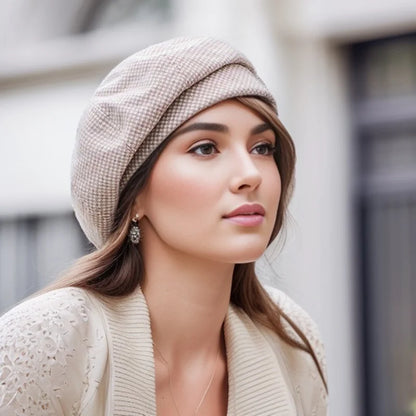 Women's Wool Beret Hat - Elegant Vintage Plaid Octagonal Style for Winter and Autumn Casual Wear