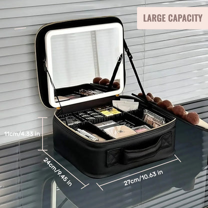 Travel Makeup Bag with LED Mirror — Makeup Train Case with Adjustable Dividers for Home, Gift & Vacation
