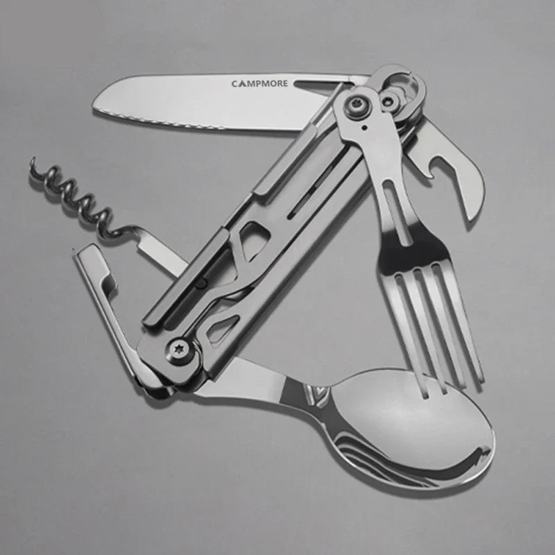 Multi-Function Outdoor Tableware: Portable Foldable Cutlery Set with Knife, Fork, Spoon, and Bottle Opener - Camping Equipment Essential