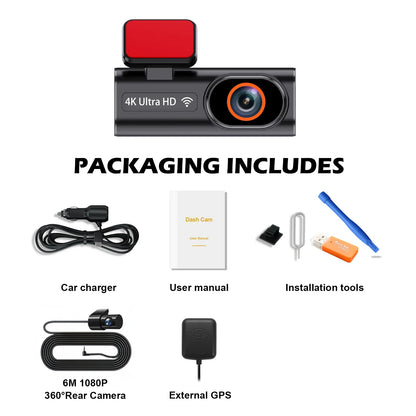 Aprilboy K6 4K WIFI Dash Cam - Front & Rear Dual Lens, 1080P Night Vision, Parking Monitor, Mini Car DVR