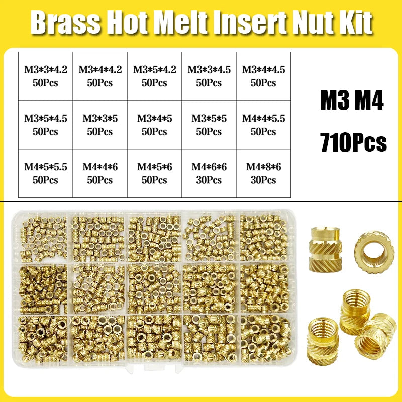 Brass Threaded Insert Nut Kit M2–M8 – Heat Set Knurled Copper Nuts for 3D Printing & Plastic Injection