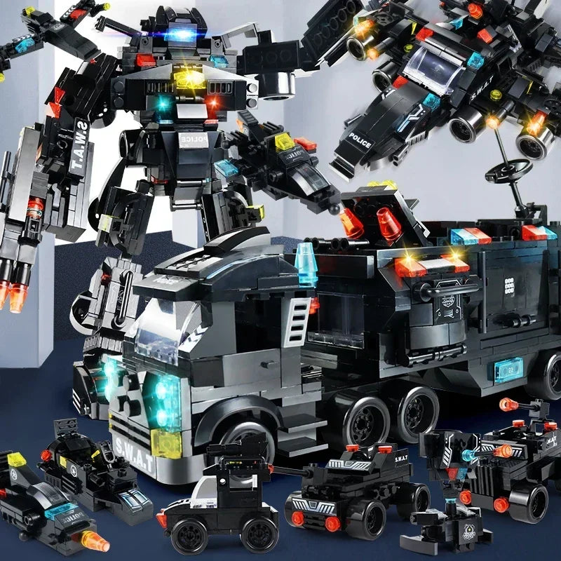 8-in-1 SWAT Police Command Truck Building Blocks - City Helicopter Brick Kit & Educational Toy for Kids