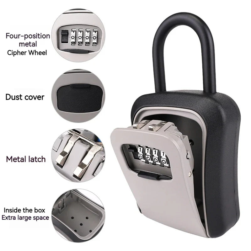 4 Digit Outdoor Password Key Box with Waterproof Steel Wire Hanging Hook - Free Installation & Extended Locking Storage