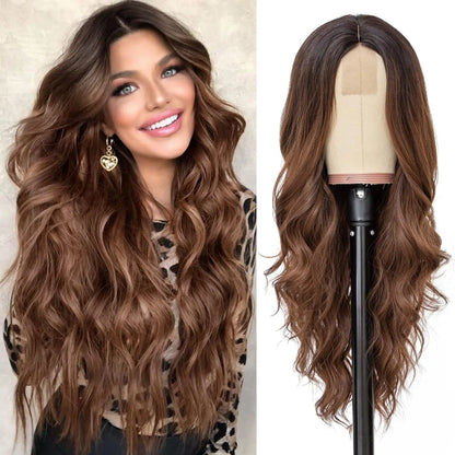 26-Inch Synthetic Ombre Blonde Wavy Wig for Women — Long Middle Part Curly Heat-Resistant Hair Fiber