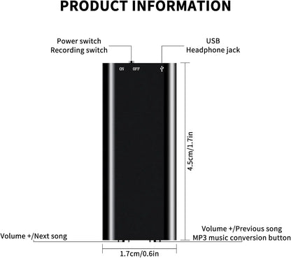 8GB/16GB Ultra-Slim Mini Voice Recorder — Professional Digital Audio Recorder with Voice Activation, Noise Reduction & MP3 Player