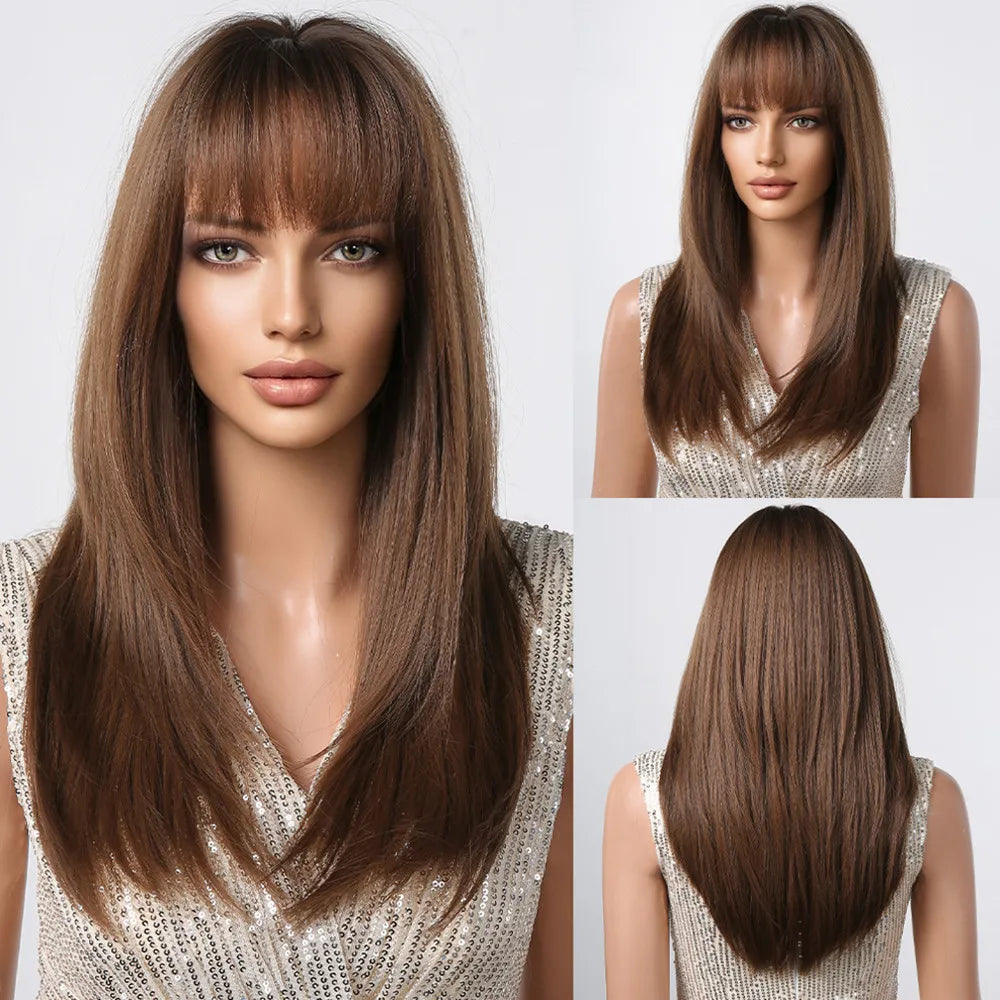 ALAN EATON Blonde Layered Synthetic Wig with Bangs – Long Straight Heat-Resistant Wig for Women & Girls, Natural Daily Hair