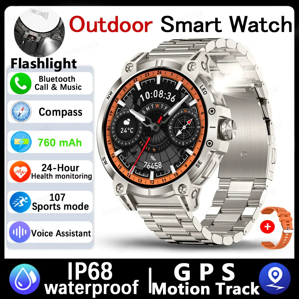 Military Smartwatch for Men – 760mAh Battery, LED Flashlight, Compass, 1.8" HD Screen, Heart Rate, Waterproof, BT Call
