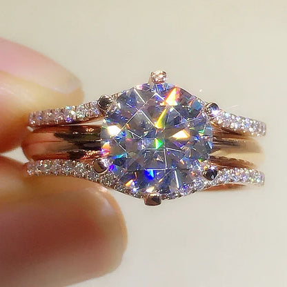 Huitan Rose Gold Cubic Zirconia Ring - Classic 6 Claw Solitaire Engagement Wedding Band Jewelry for Women