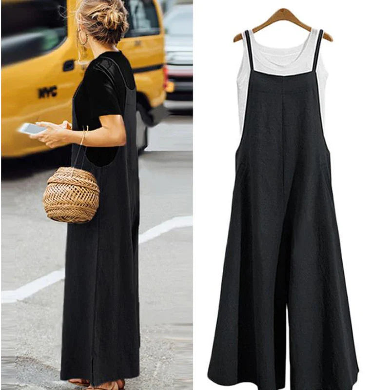 Women’s Summer Wide Leg Jumpsuit Overalls – Solid Color Sleeveless Cotton Linen Bib Dungaree, Casual Loose Fit Plus Size 5XL