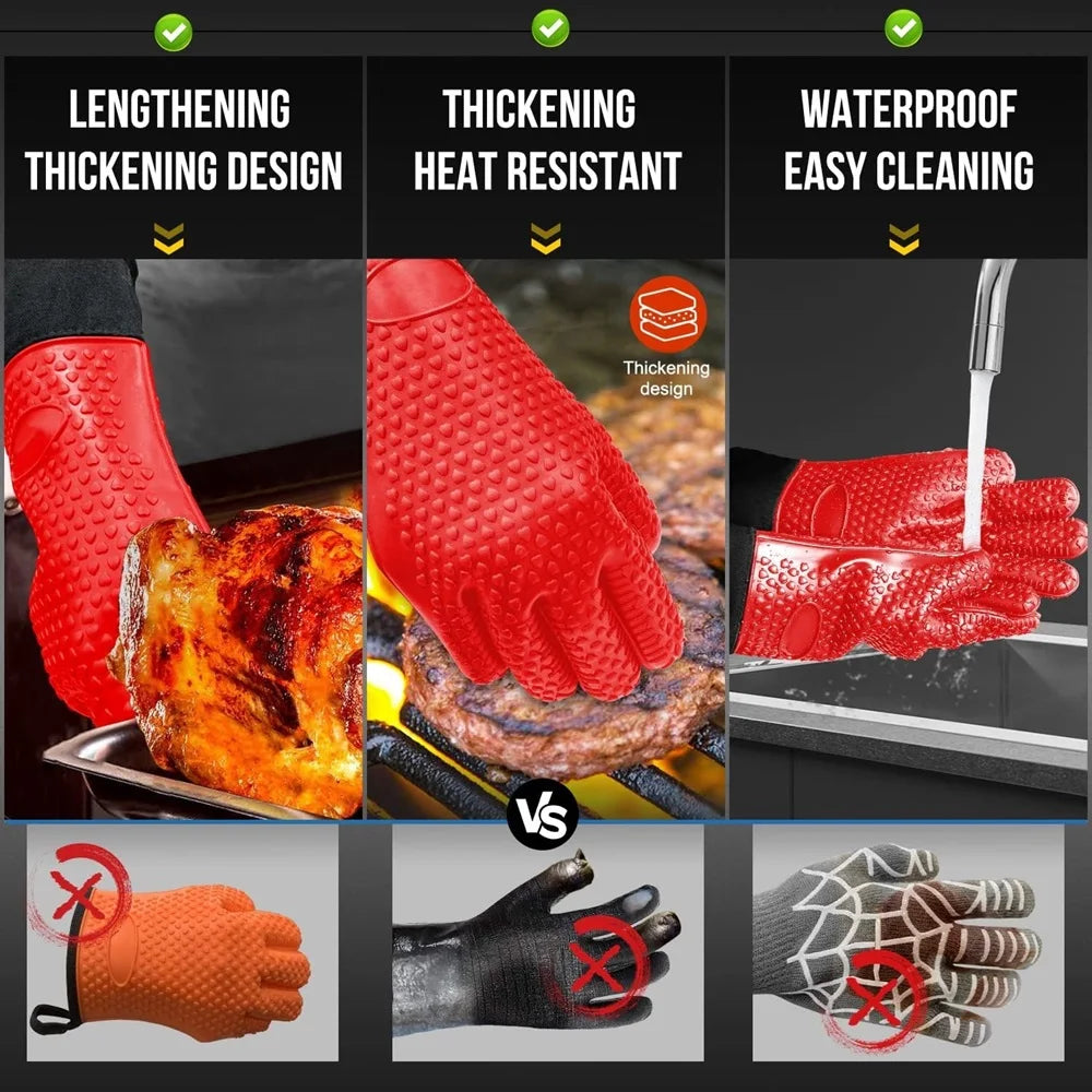 Heat-Resistant Silicone Gloves – Non-Slip Oven Mitts for Kitchen, BBQ, Baking & Cooking with Canvas Stitching