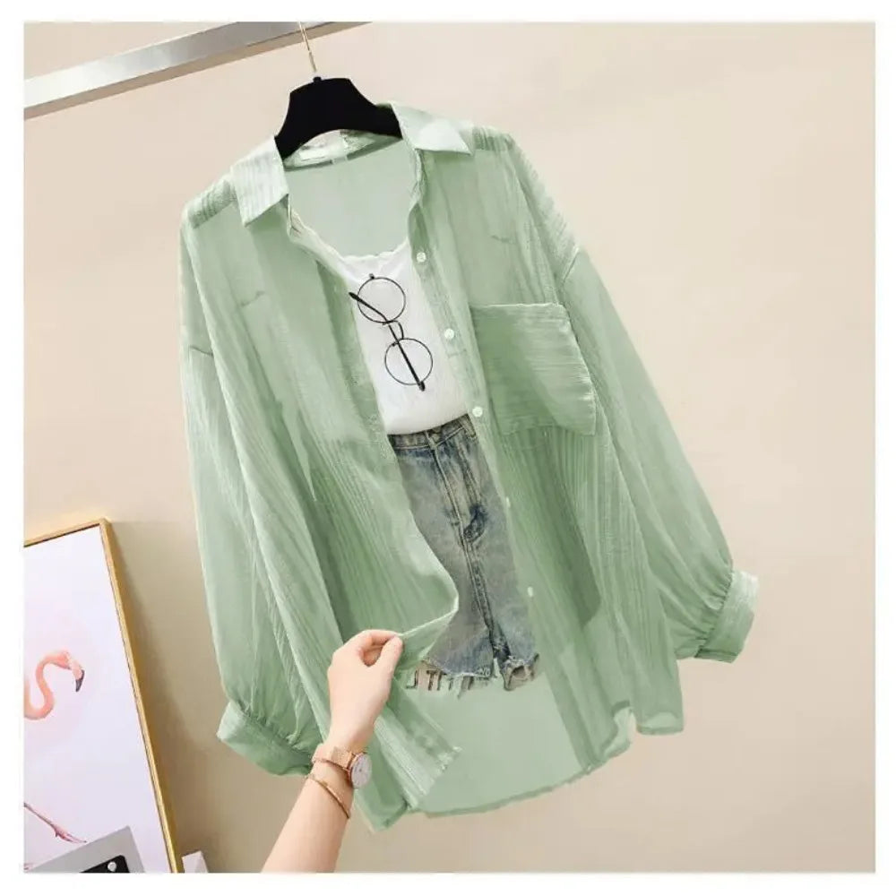 Summer Sunscreen Shirt – Elegant Thin Chiffon Korean Harajuku See-Through Loose Blouse & Casual Women’s Cardigan