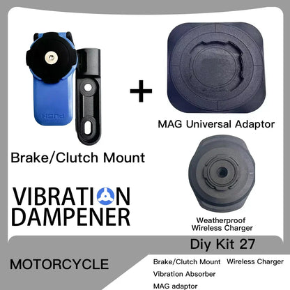Motorcycle Handlebar Stem Fork Phone Mount — Vibration Dampener with MAG Universal Adapter, Wireless Charger & Mirror Brake Compatible