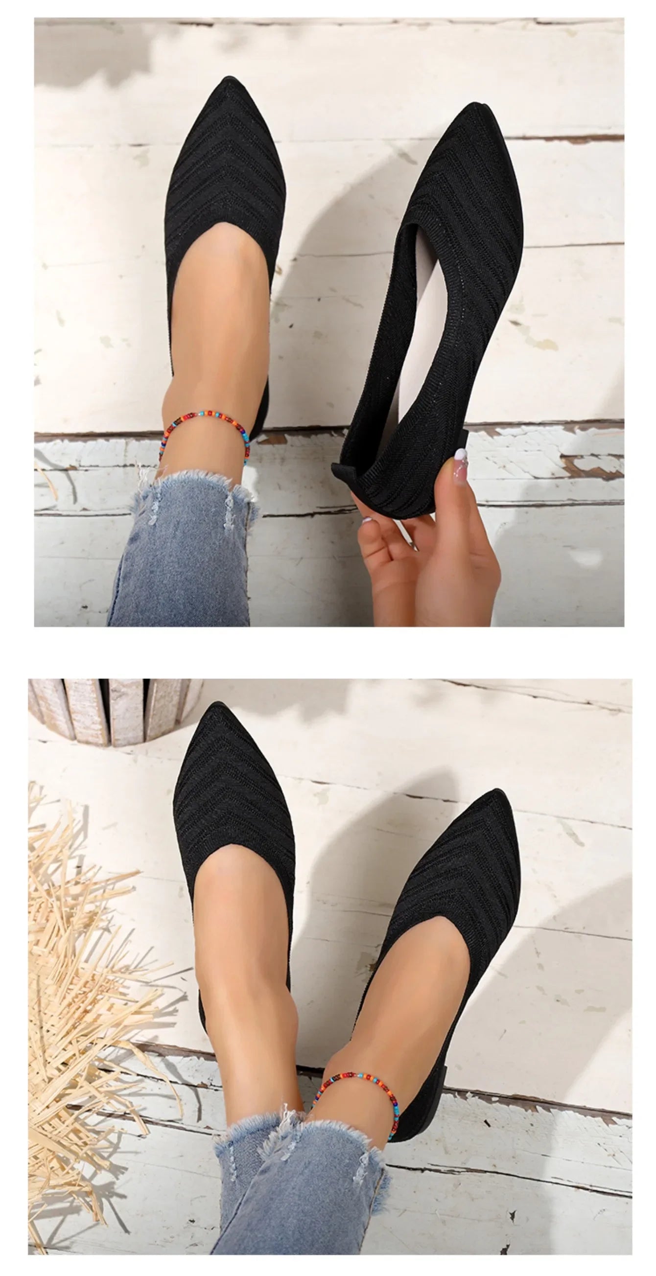 Women’s Solid Color Pointed Toe Knitted Slip-On Flats – Casual Breathable Ballet Loafers