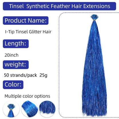 50PCS I-Tip Glitter Hair Extensions - Synthetic Fairy Tinsel Hair Strands for Women & Girls Party Hair Accessories