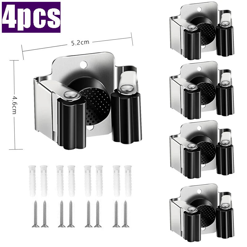 Stainless Steel Mop Clip Holder — Wall-Mounted Broom & Brush Hanger Rack for Kitchen & Bathroom Organization