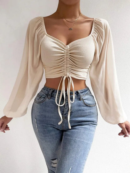 Woman’s Lace-Up V-Neck Tops: Sexy Close-Fitting Puff Sleeve Fashion - Solid Color Simple Long Sleeve for Hot Summer and Spring