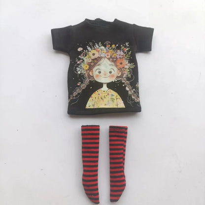 Handmade OB24 1/6 Blyth Doll Clothes – Cartoon T-Shirt with Striped Socks for 1/6 Doll Accessories