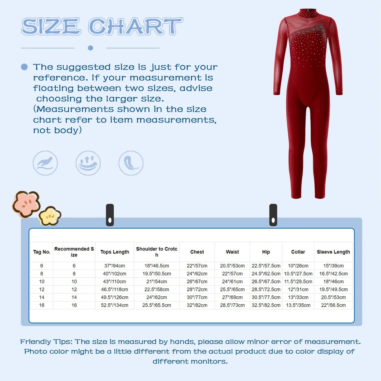 Kids Girls Long Sleeve Rhinestone Bodysuit — Full Body Dancewear Gymnastics Leotard Skating Jumpsuit