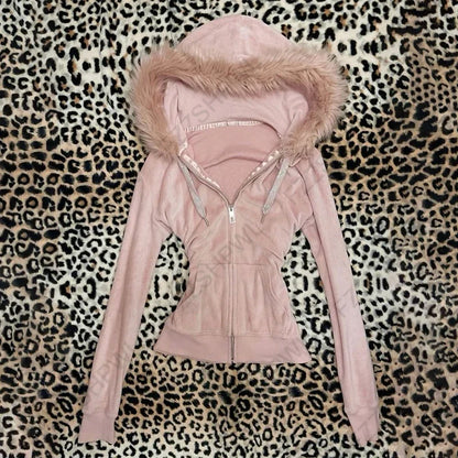 Y2K Harajuku Women's Fur Collar Hoodie – Slim Chic Solid Color Cardigan Sweatshirt, Goth Punk Streetwear