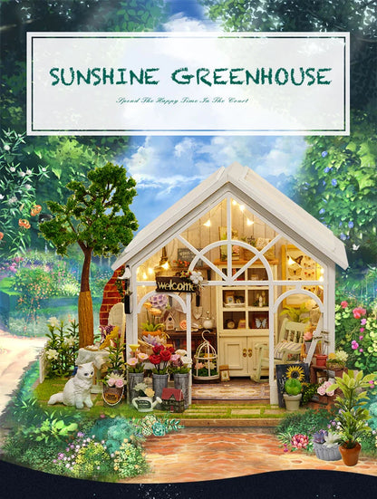 DIY Wooden Sunshine Greenhouse Cottage – Miniature Dollhouse Kit with Furniture for Friends' Gifts