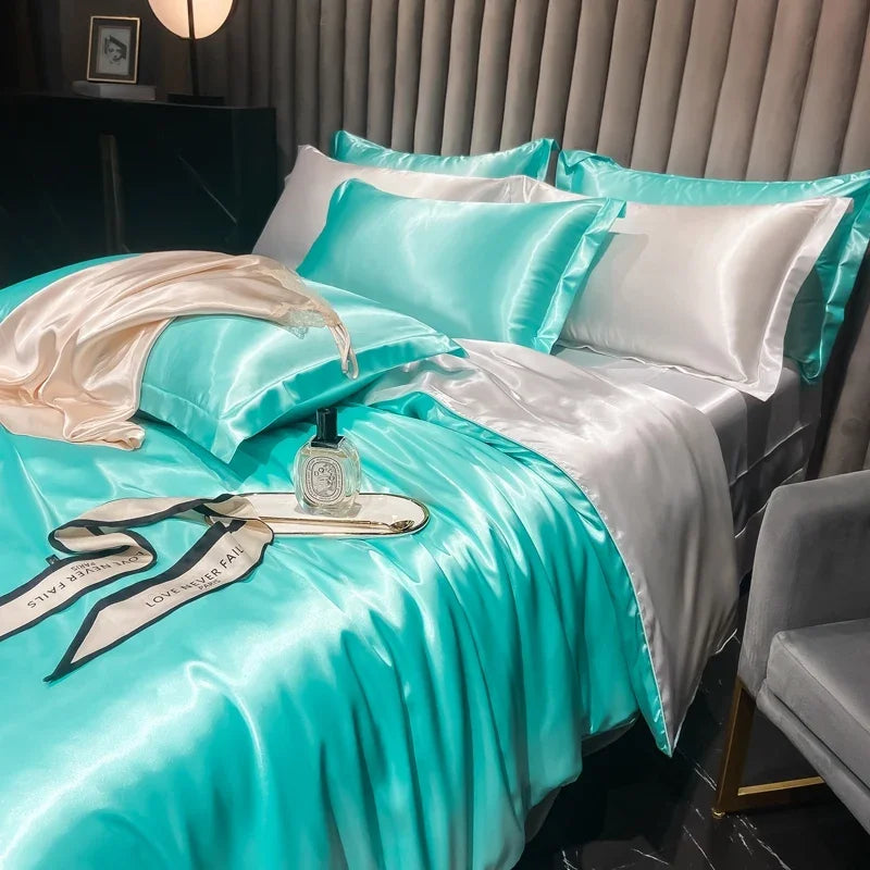 Solid Silk Bedding Set - Luxury Duvet Cover Bed Sheet Pillowcase Set For King Single Double Couple Beds