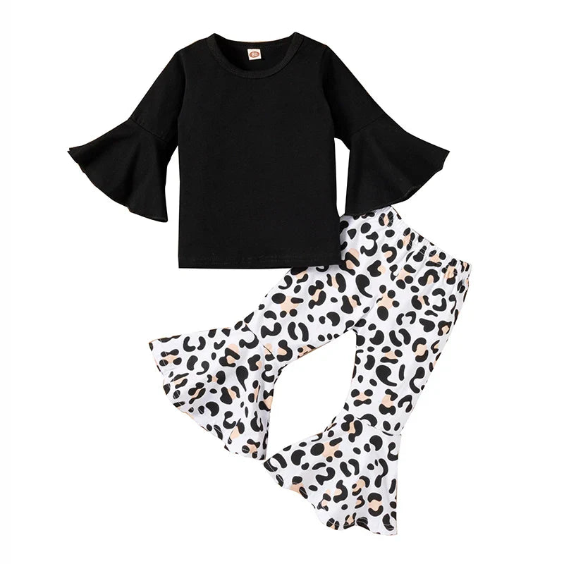 2PCS Baby Girl Clothes Set - Black Pullover Top & Leopard Print Bell-Bottoms, Autumn Outfit for 2-8 Years Old