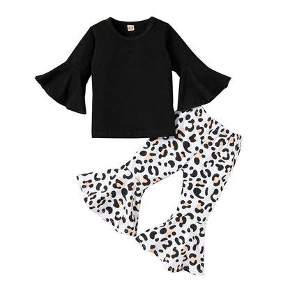 2PCS Baby Girl Clothes Set - Black Pullover Top & Leopard Print Bell-Bottoms, Autumn Outfit for 2-8 Years Old