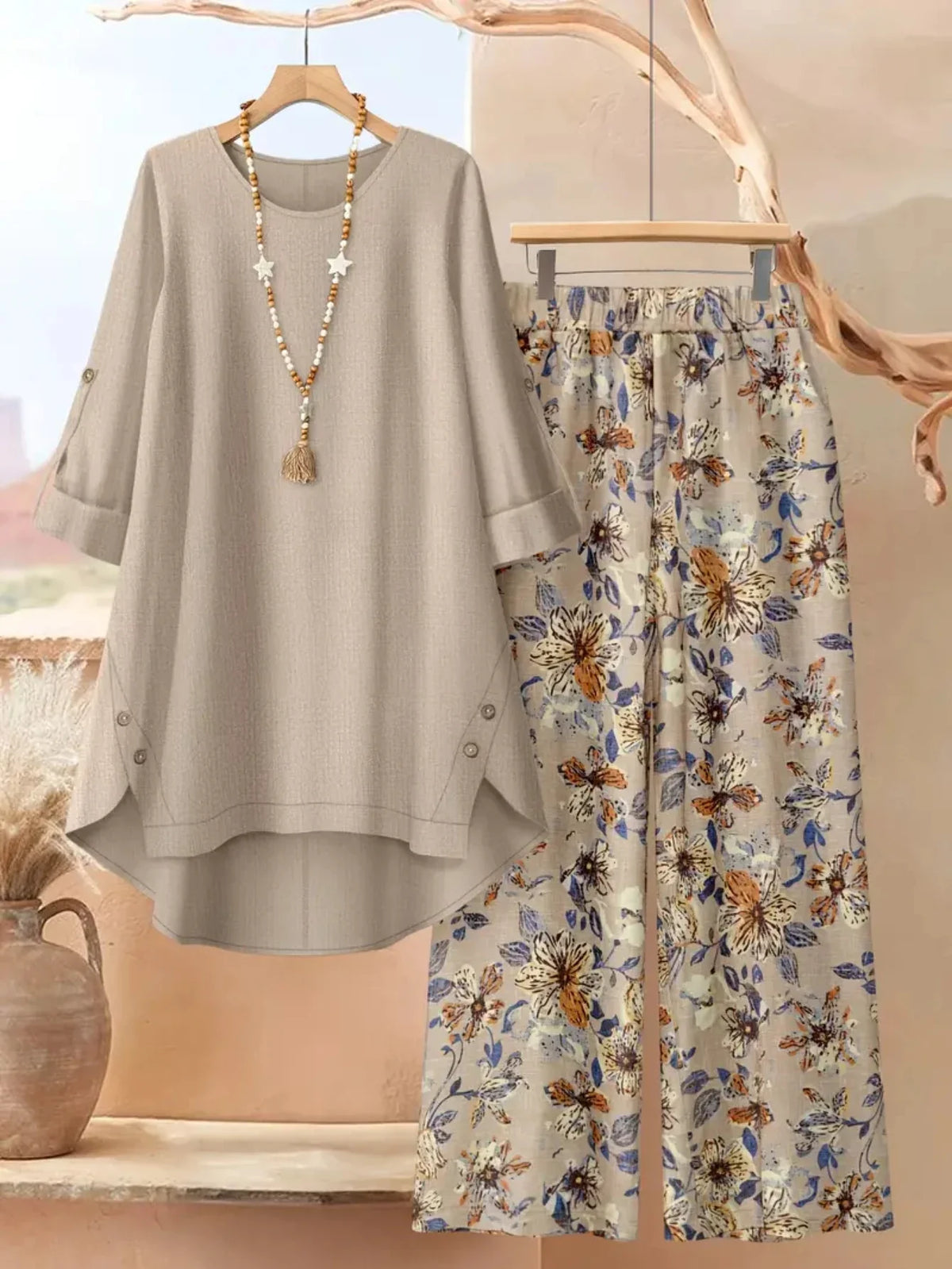 Women's Long Sleeve Top & Floral Wide-Leg Pants Set - Casual Resort Vacation & Everyday Outfit