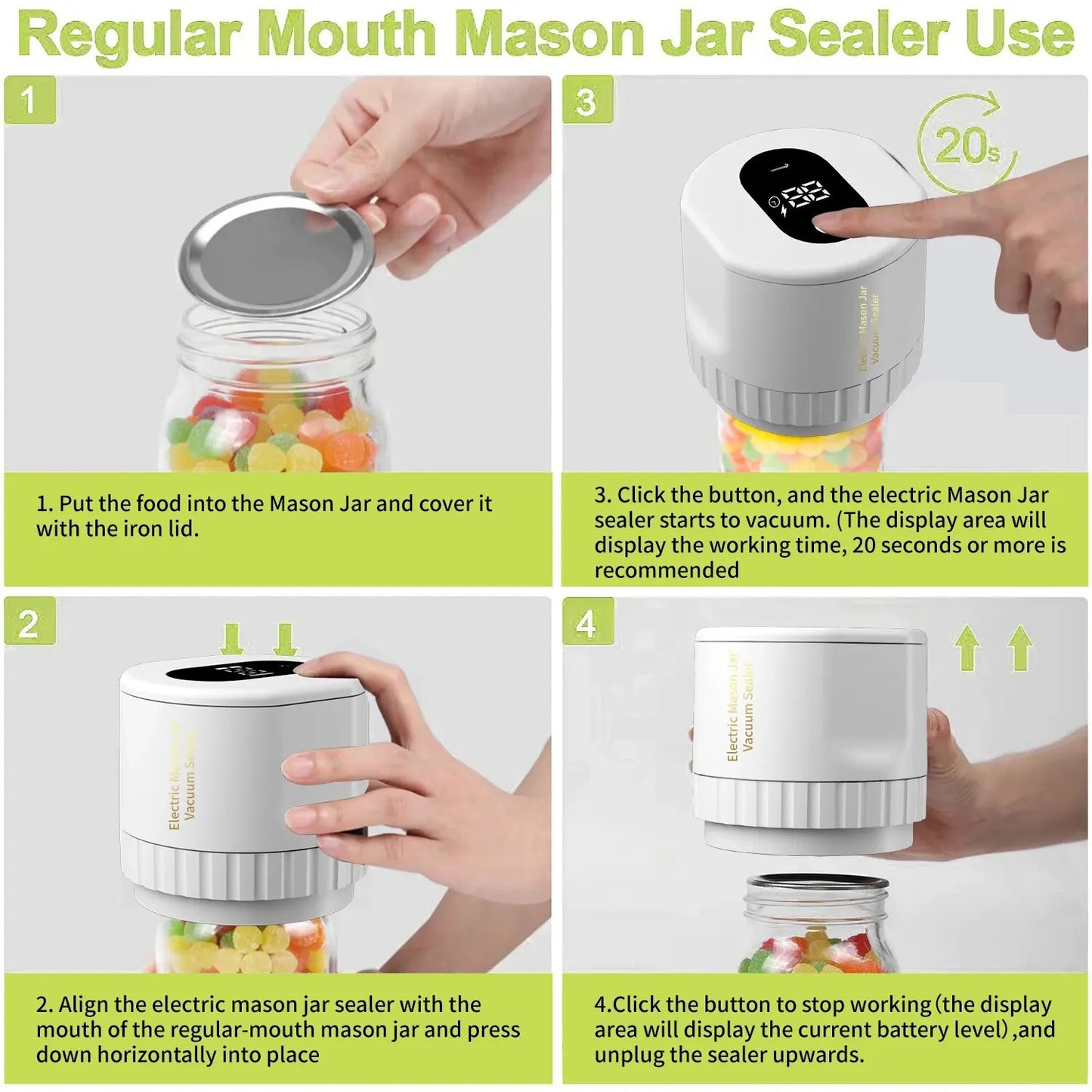 Electric Mason Jar Vacuum Sealer Kit - Cordless Sealer for Wide-Mouth and Regular-Mouth Mason Jars - Ideal for Food Storage