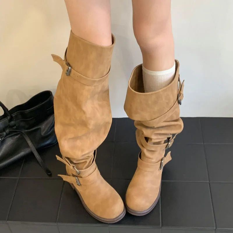 Eilyken Women’s Over-the-Knee Boots – Round Toe Punk Style with Pleated Buckle Strap, Low Square Heels for Autumn Winter