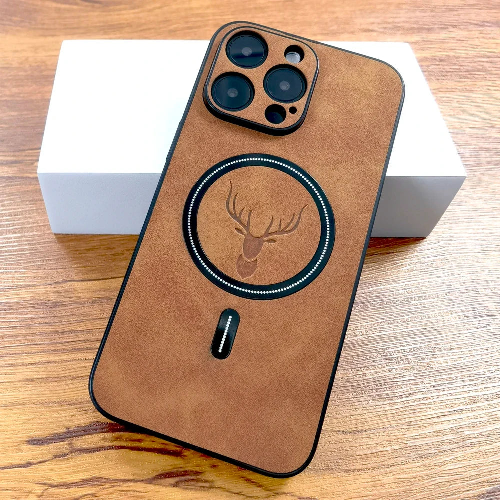 Luxury PU Leather Deer Case for iPhone 18 17 Air 16 15 14 13 12 11 Pro Max Plus 16E 18 Pro - MagSafe Wireless Charging Protective Back Cover